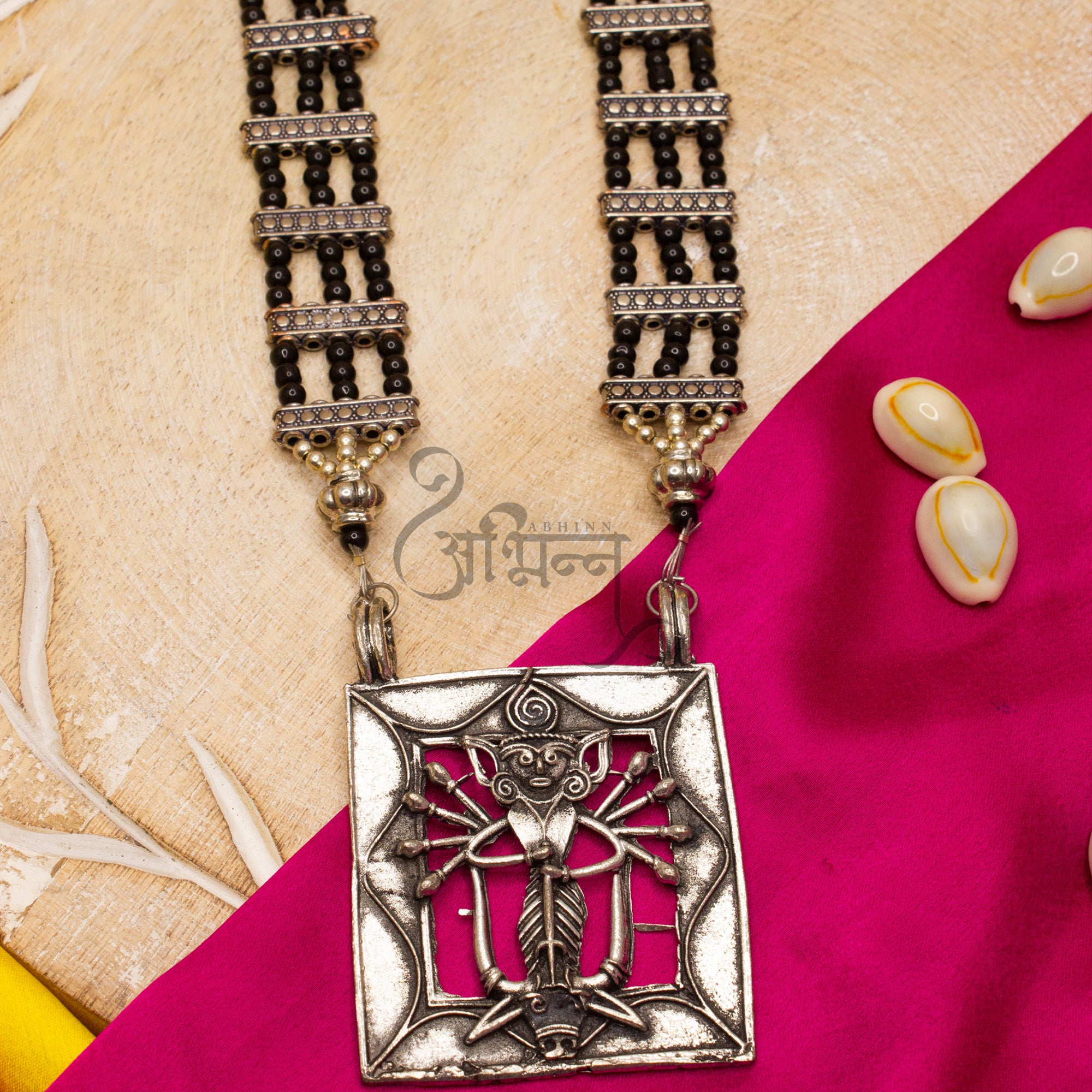 Abhinn Oxidized German Silver Goddess Durga Pendant with Black Pearls ...